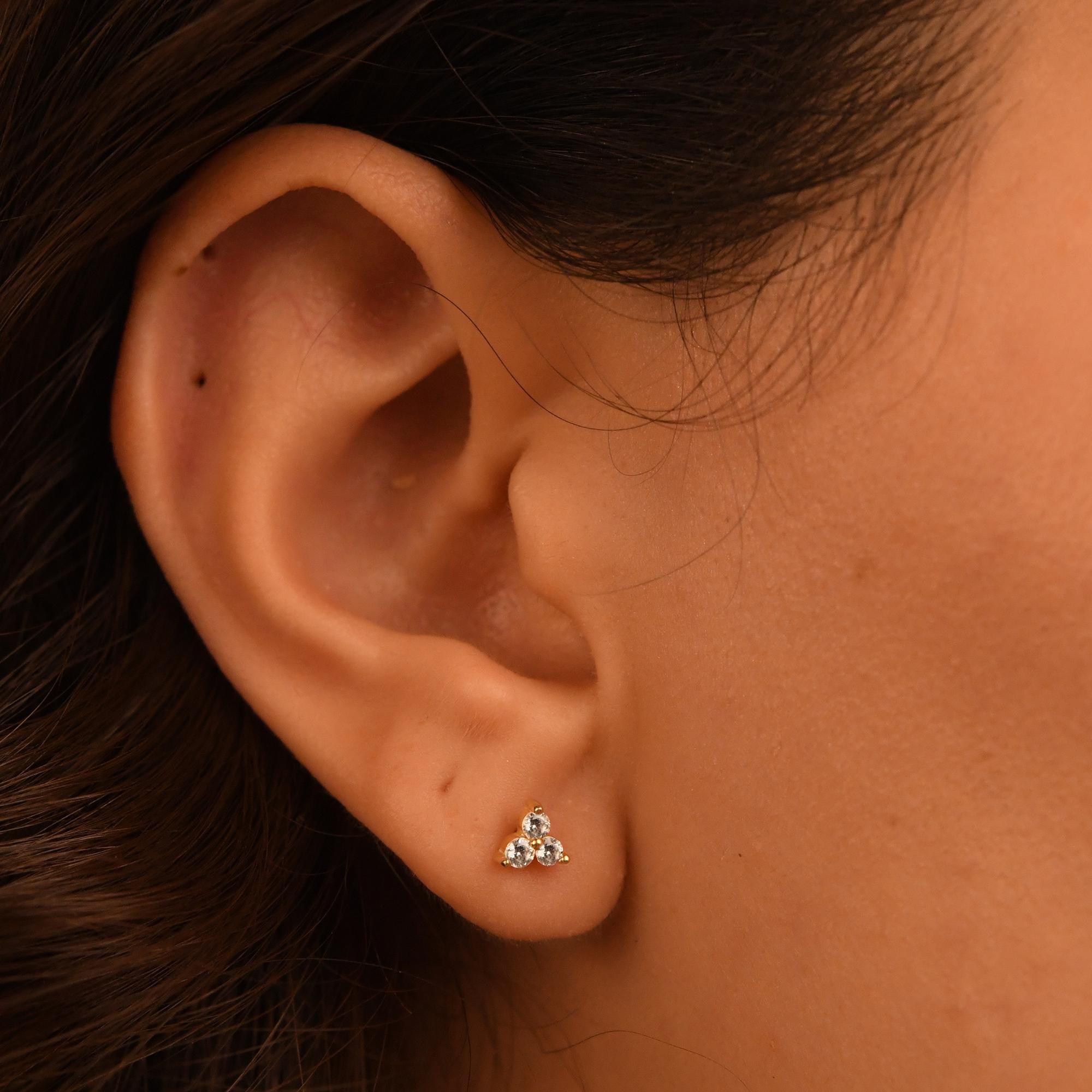 18k Gold 3 Stones Diamond Earrings, Diamond Trio Earrings, 14k Solid Gold Diamond Cluster Earrings, Real Diamond Stud Trio Earrings