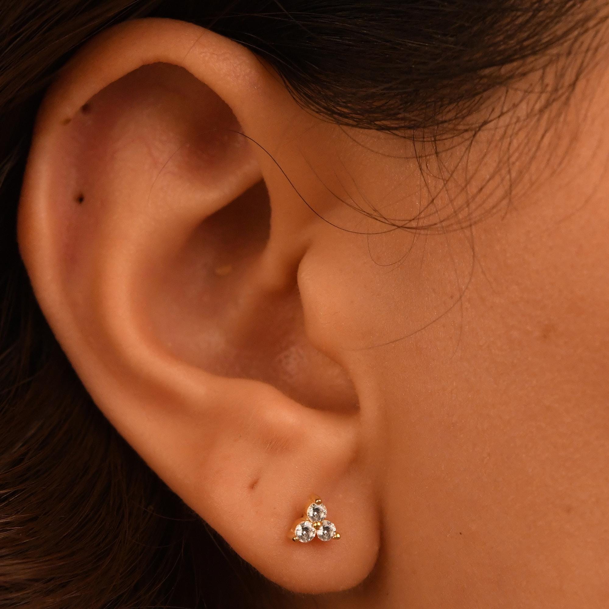 18k Gold 3 Stones Diamond Earrings, Diamond Trio Earrings, 14k Solid Gold Diamond Cluster Earrings, Real Diamond Stud Trio Earrings