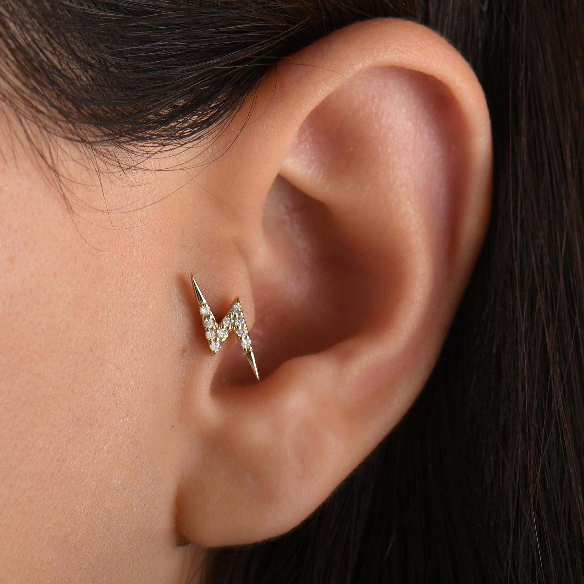 18k Gold Lighting Diamond Tragus Piercing, 14k Solid Gold Natural Diamond Lighting Cartilage Tragus Earrings, Diamond Tragus for Women