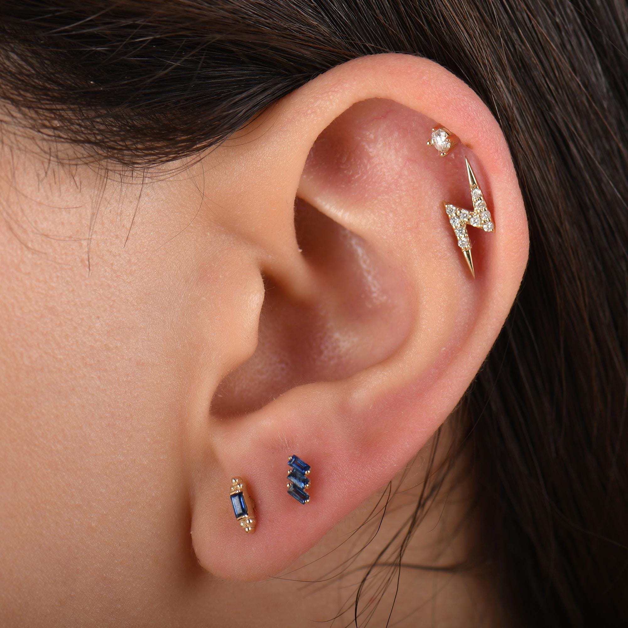 18k Gold Lighting Diamond Tragus Piercing, 14k Solid Gold Natural Diamond Lighting Cartilage Tragus Earrings, Diamond Tragus for Women