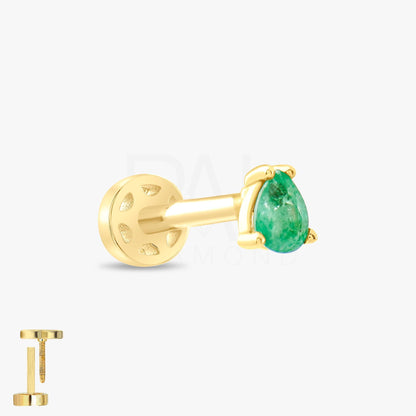 18k Solid Gold Tragus Piercing with Emerald Stone, 16G Cartilage Tragus Earrings, 14k Natural Emerald Tragus Piercing, Gold Tragus Jewelry