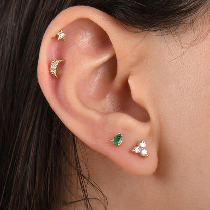 18k Solid Gold Tragus Piercing with Emerald Stone, 16G Cartilage Tragus Earrings, 14k Natural Emerald Tragus Piercing, Gold Tragus Jewelry