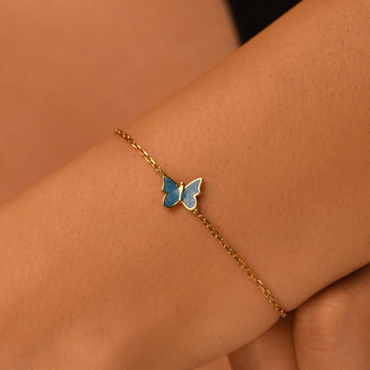 18k Solid Gold Butterfly Bracelet, 14k Gold Blue Butterfly Bracelet, Colorful Enamel Handmade Gold Bracelet, Dainty Real Gold Bracelet