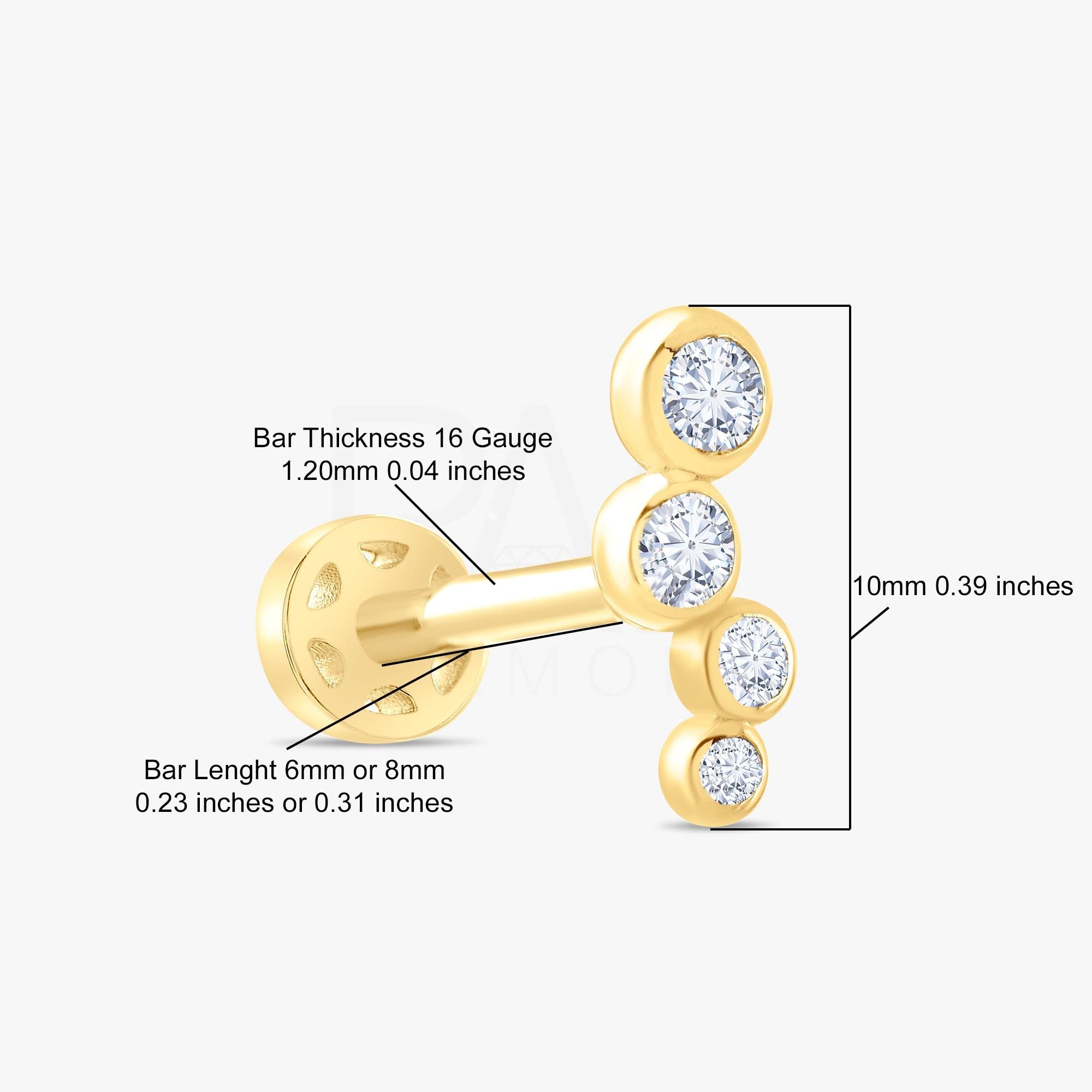 18k Diamond Cartilage Tragus Earrings, 14k Real Gold 4 Stone Diamond Tragus Piercing, Bezel Setting Screw Back Diamond Tragus Piercing.