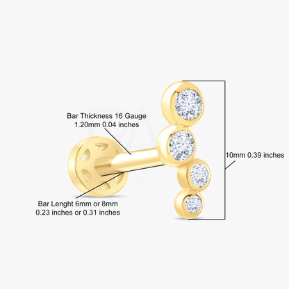 18k Diamond Cartilage Tragus Earrings, 14k Real Gold 4 Stone Diamond Tragus Piercing, Bezel Setting Screw Back Diamond Tragus Piercing.