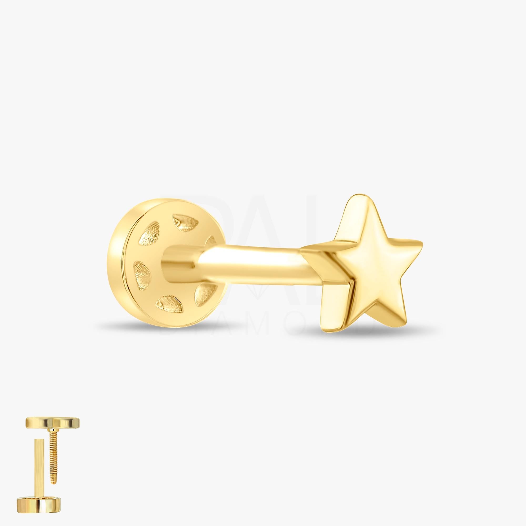 18k Solid Gold Star Tragus Earrings, 14k Real Gold Celestial Tragus Piercing, Dainty Gold Star Cartilage Screw Back Tragus Piercing Jewelry