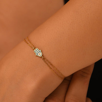 18k Hand of Fatima Bracelet, 14k Solid Gold Hamsa Bracelet, Gold Evil Eye Bracelet, Real Gold Enamel Good Luck Bracelet, Lucky Bracelet
