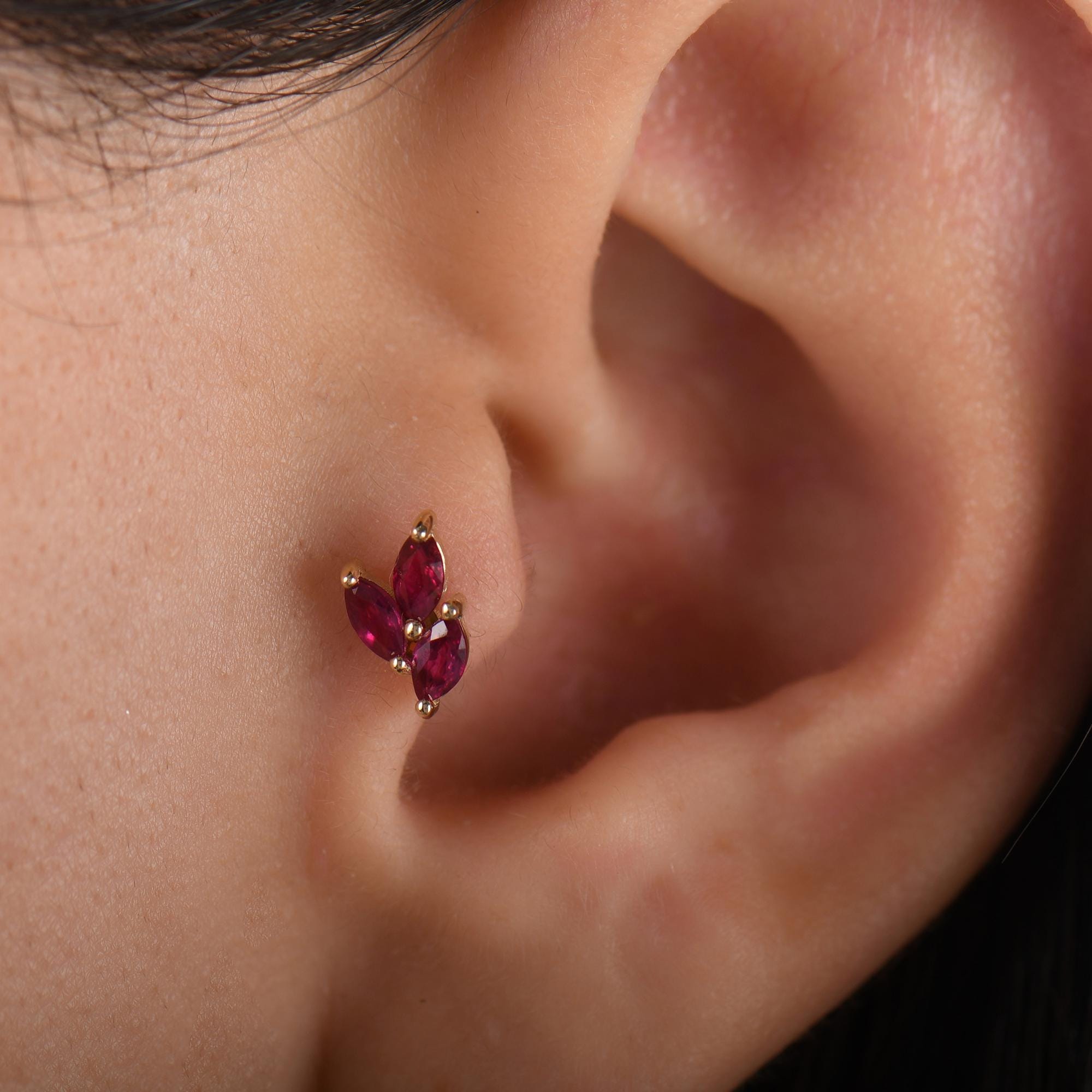 18k Solid Gold Marquise Ruby Tragus Earrings, 14k Ruby Stone Tragus Piercing, Color Stone Gold Tragus Earrings, Cartilage Stud Earrings