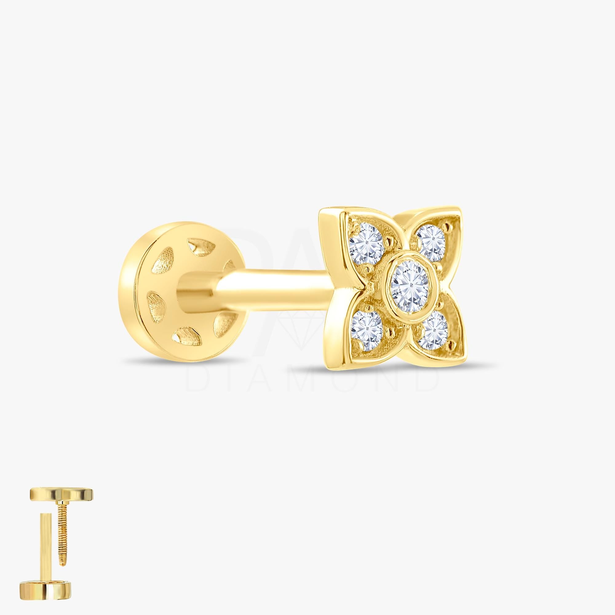 18k Gold Clover Diamond Tragus Piercing, 14k Gold Cartilage Diamond Tragus Earrings, Screw Back Tragus Earrings Jewelry, Clover Earrings