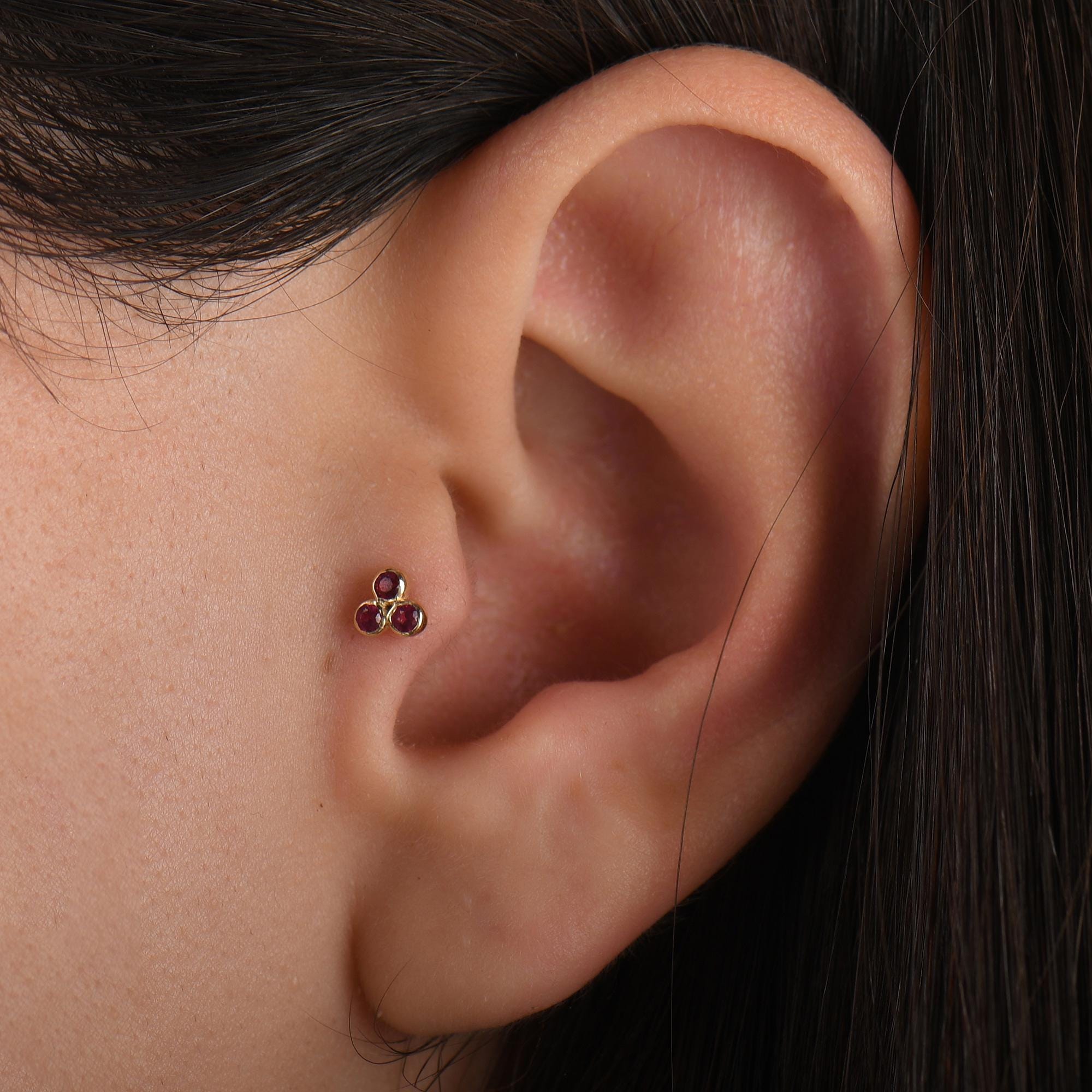 18k Gold Tragus Piercing, 14k Solid Gold Gold Tragus Piercing with Ruby Stone, Cartilage Tragus Piercing, Ruby Cartilage Tragus Earrings