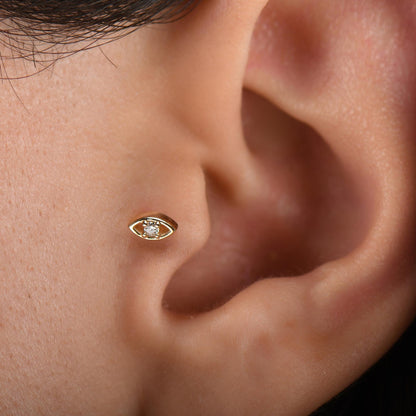 18k Solid Gold Evil Eye Diamond Tragus Cartilage Earring, 14k Minimal Evil Eye Tragus Piercing, Dainty Solitaire Gold Tragus Earrings