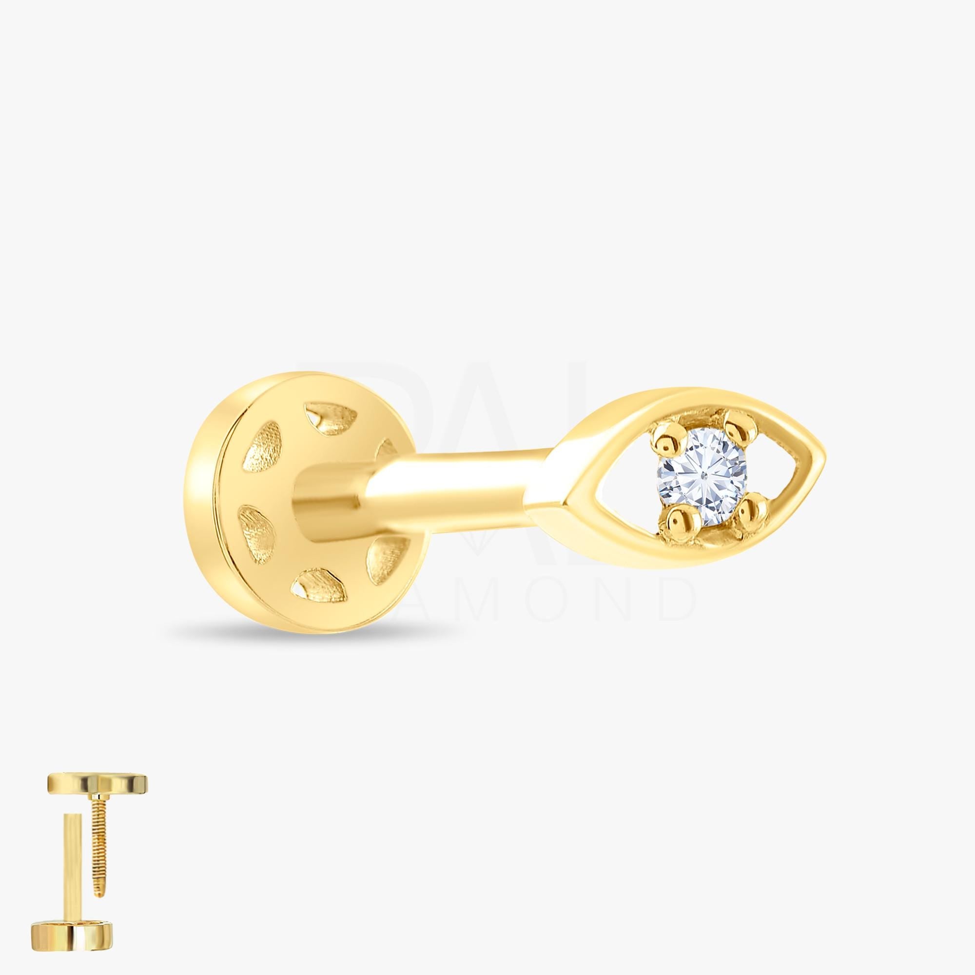18k Solid Gold Evil Eye Diamond Tragus Cartilage Earring, 14k Minimal Evil Eye Tragus Piercing, Dainty Solitaire Gold Tragus Earrings