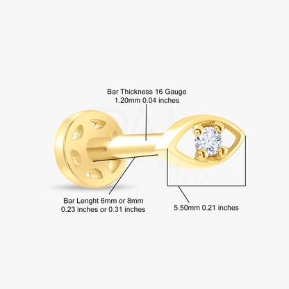 18k Solid Gold Evil Eye Diamond Tragus Cartilage Earring, 14k Minimal Evil Eye Tragus Piercing, Dainty Solitaire Gold Tragus Earrings