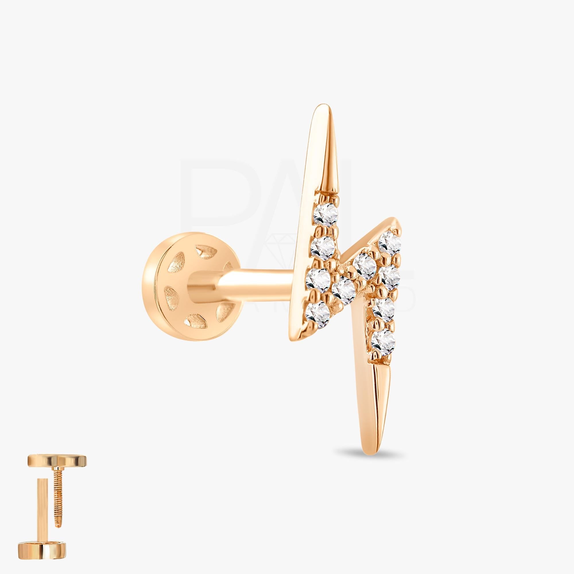 18k Gold Lighting Diamond Tragus Piercing, 14k Solid Gold Natural Diamond Lighting Cartilage Tragus Earrings, Diamond Tragus for Women