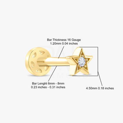 18k Diamond Mini Star Tragus Piercing, 14k Solid Gold Mini Celestial Star Tragus Earrings for Women, Dainty Diamond Star Cartilage Earring