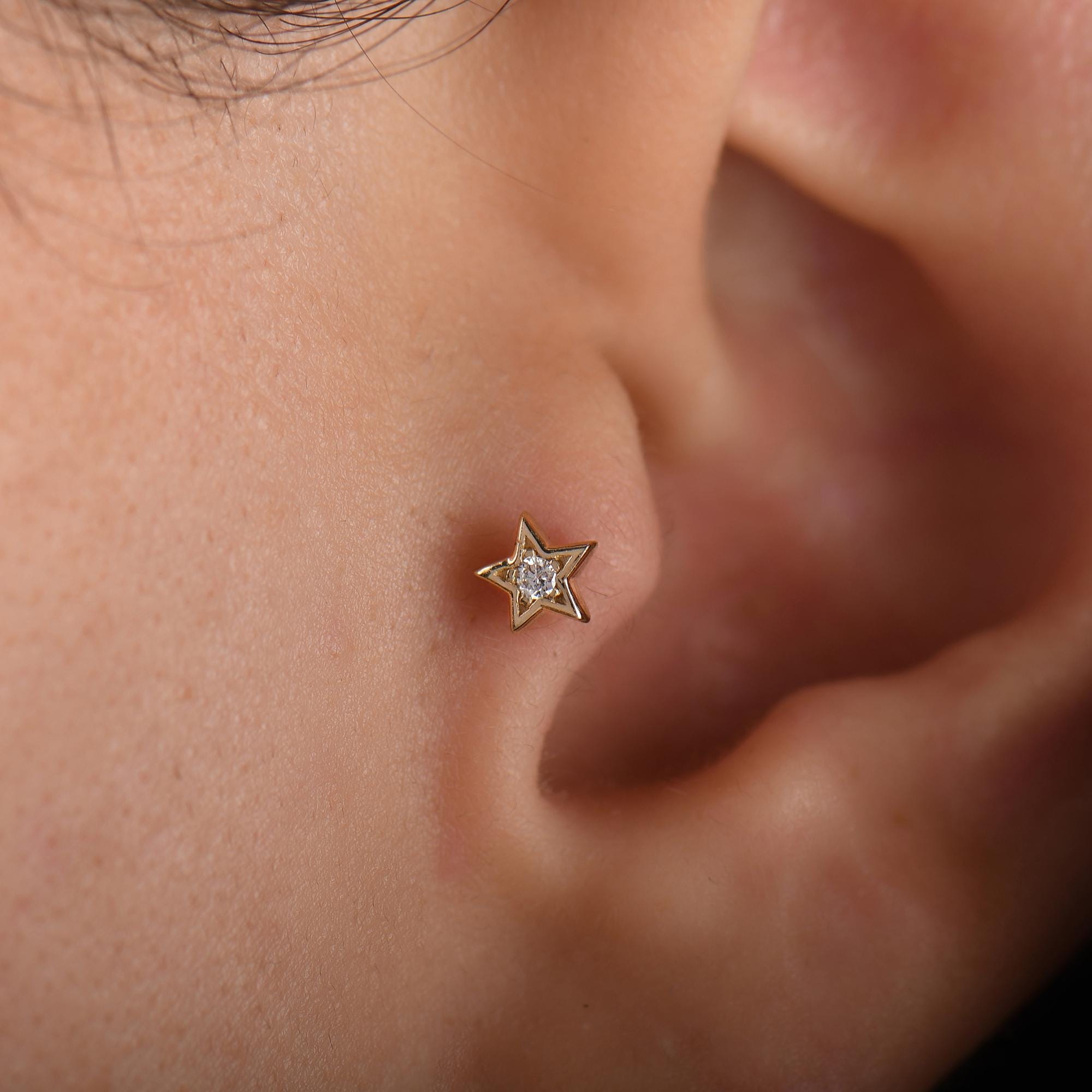 18k Diamond Mini Star Tragus Piercing, 14k Solid Gold Mini Celestial Star Tragus Earrings for Women, Dainty Diamond Star Cartilage Earring