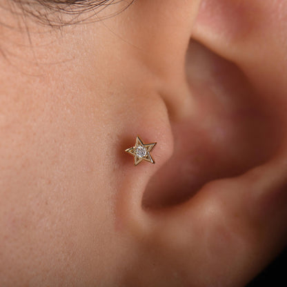 18k Diamond Mini Star Tragus Piercing, 14k Solid Gold Mini Celestial Star Tragus Earrings for Women, Dainty Diamond Star Cartilage Earring