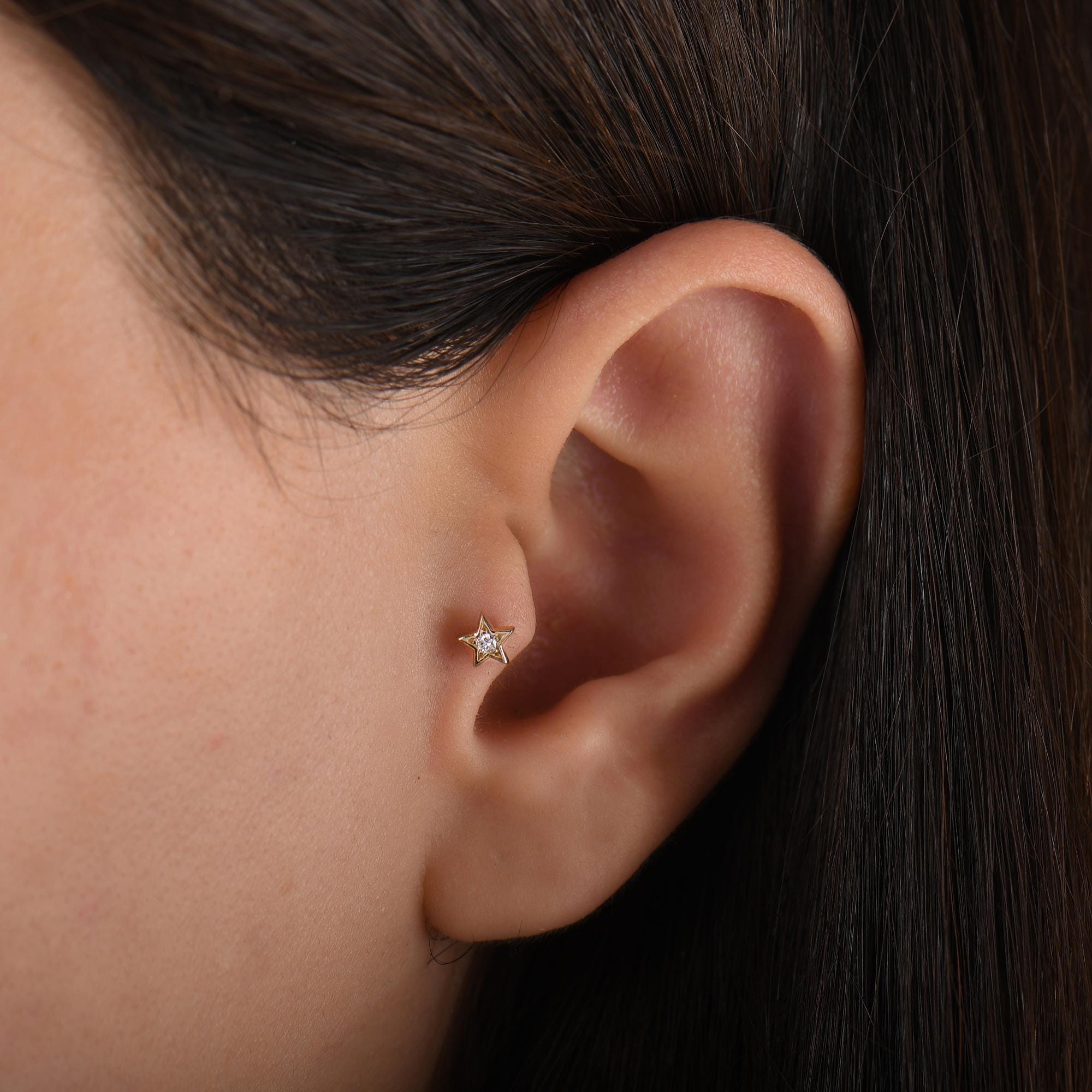18k Diamond Mini Star Tragus Piercing, 14k Solid Gold Mini Celestial Star Tragus Earrings for Women, Dainty Diamond Star Cartilage Earring