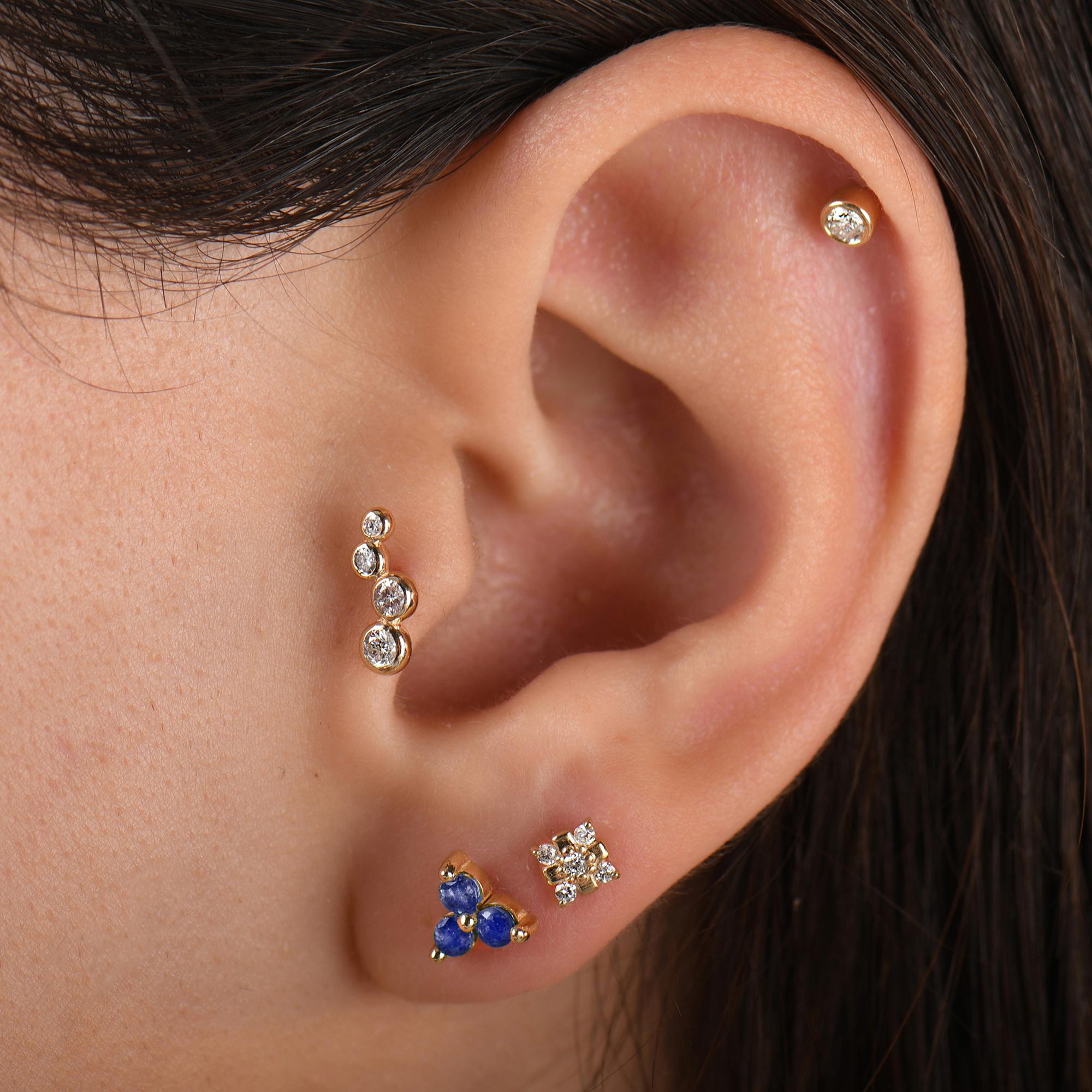 18K Gold Three Stones Natural Emerald Tragus Piercing, 14k Sapphire Cluster Tragus Earrings, Ruby Color Stone Cartilage Tragus Piercing