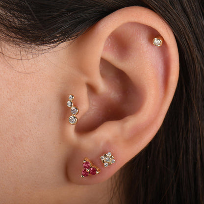 18K Gold Three Stones Natural Emerald Tragus Piercing, 14k Sapphire Cluster Tragus Earrings, Ruby Color Stone Cartilage Tragus Piercing