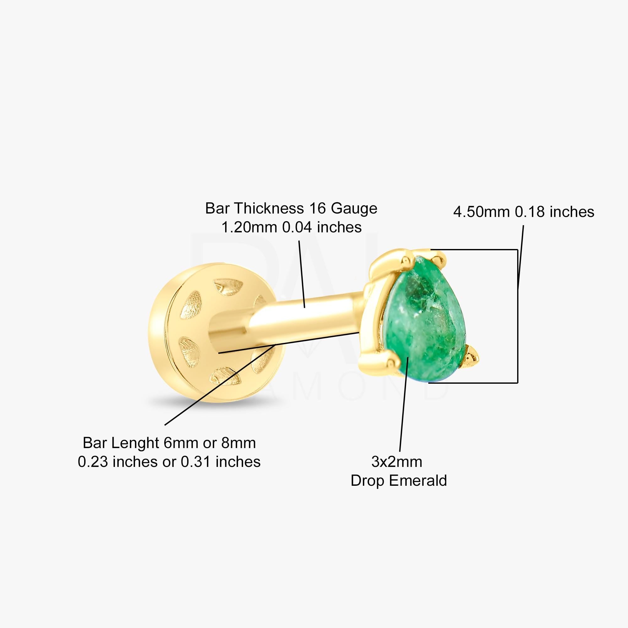 18k Solid Gold Tragus Piercing with Emerald Stone, 16G Cartilage Tragus Earrings, 14k Natural Emerald Tragus Piercing, Gold Tragus Jewelry