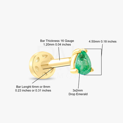 18k Solid Gold Tragus Piercing with Emerald Stone, 16G Cartilage Tragus Earrings, 14k Natural Emerald Tragus Piercing, Gold Tragus Jewelry