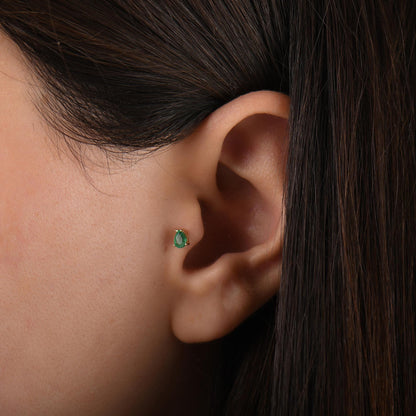 18k Solid Gold Tragus Piercing with Emerald Stone, 16G Cartilage Tragus Earrings, 14k Natural Emerald Tragus Piercing, Gold Tragus Jewelry