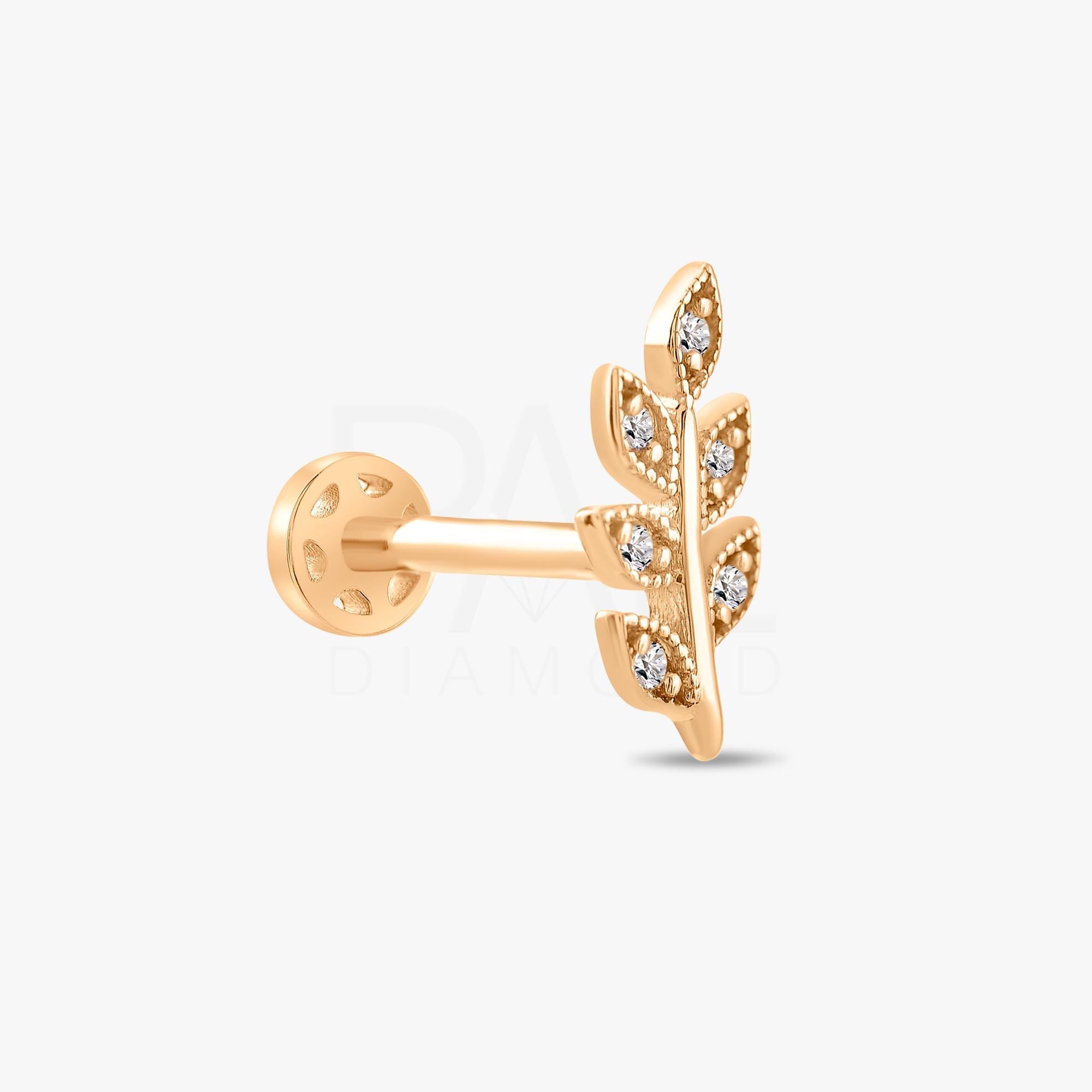 18k Diamond Olive Leaf Tragus Piercing, 14k Gold Dainty Leaf Tragus Earrings, Screw Back Diamond Cartilage Leaf Tragus Piercing for Women