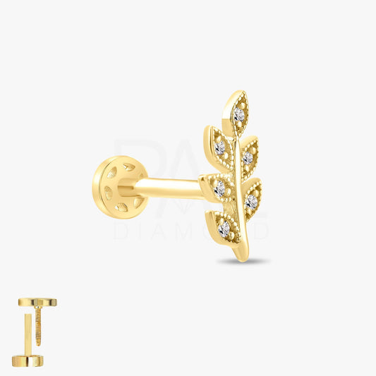18k Diamond Olive Leaf Tragus Piercing, 14k Gold Dainty Leaf Tragus Earrings, Screw Back Diamond Cartilage Leaf Tragus Piercing for Women
