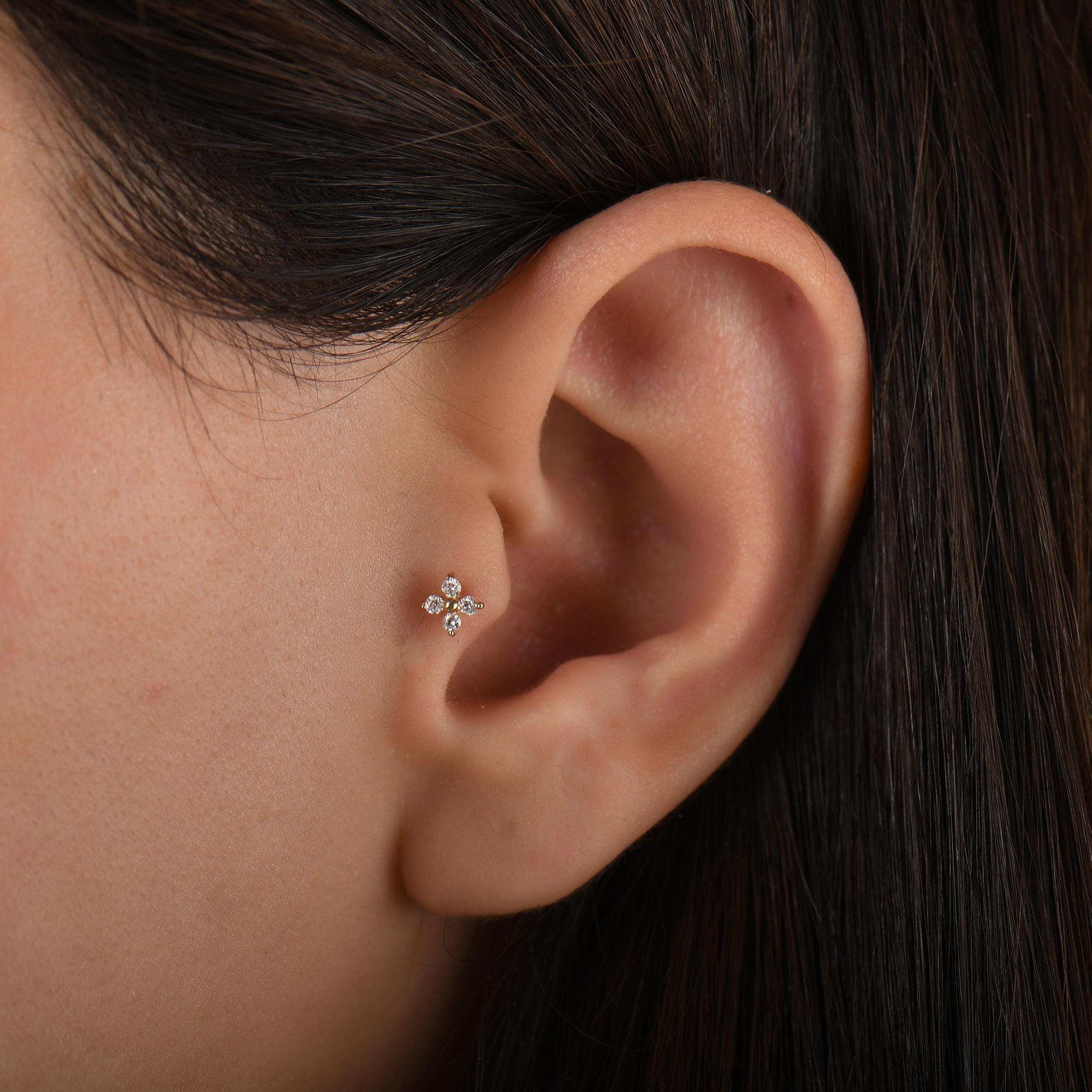 18k Solid Gold Clover Flower Diamond Tragus Earrings, Clover Diamond Tragus Piercing, Screw Back Diamond Flower Earrings, Cartilage Piercing