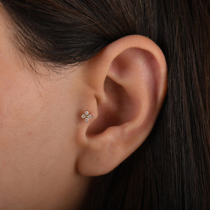 18k Solid Gold Clover Flower Diamond Tragus Earrings, Clover Diamond Tragus Piercing, Screw Back Diamond Flower Earrings, Cartilage Piercing