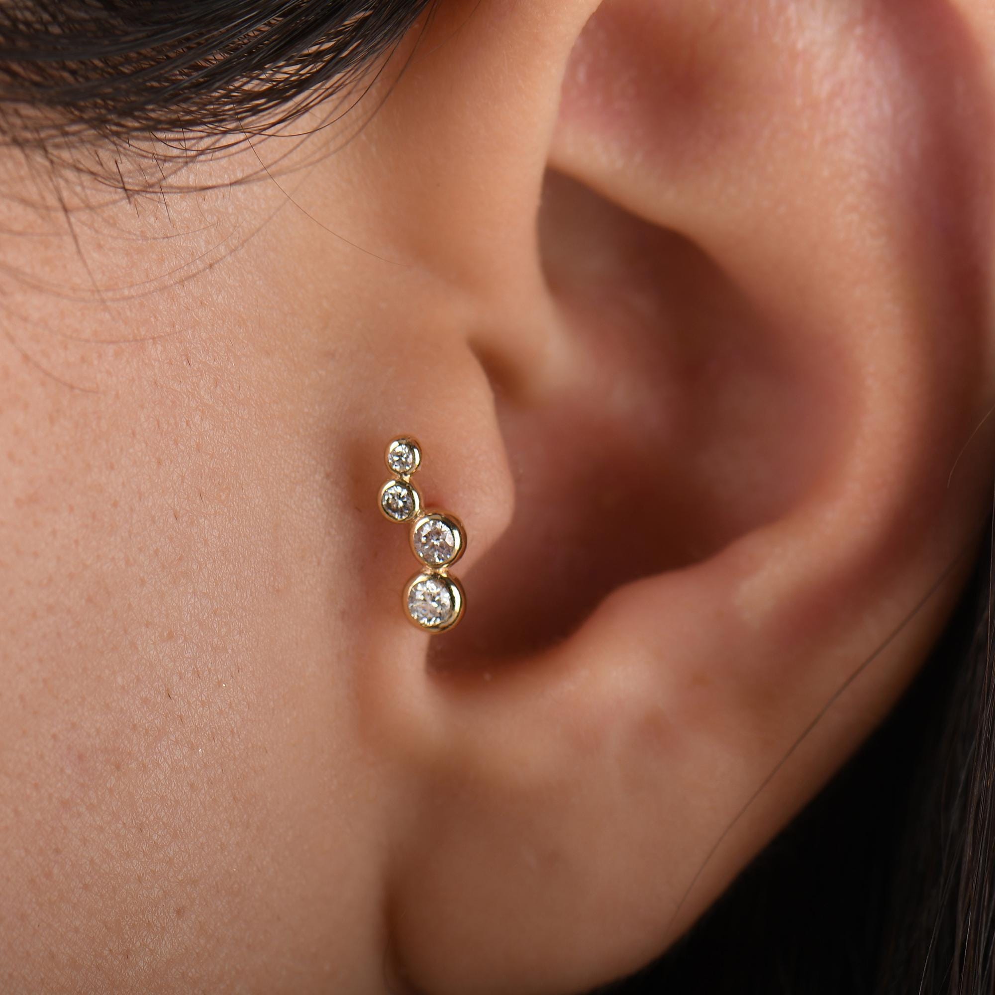 18k Diamond Cartilage Tragus Earrings, 14k Real Gold 4 Stone Diamond Tragus Piercing, Bezel Setting Screw Back Diamond Tragus Piercing.