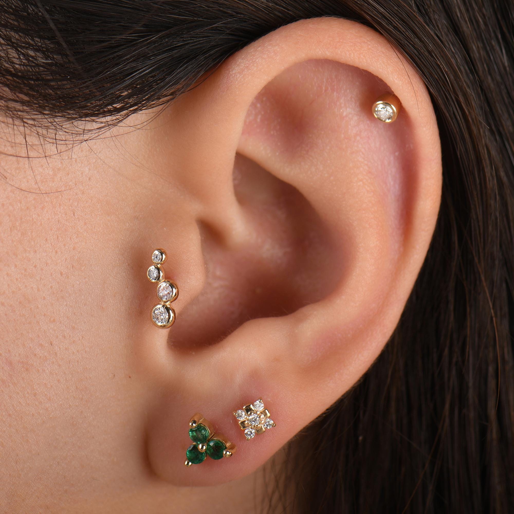 18k Diamond Cartilage Tragus Earrings, 14k Real Gold 4 Stone Diamond Tragus Piercing, Bezel Setting Screw Back Diamond Tragus Piercing.