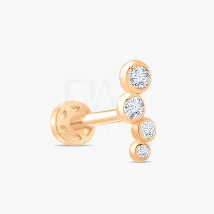 18k Diamond Cartilage Tragus Earrings, 14k Real Gold 4 Stone Diamond Tragus Piercing, Bezel Setting Screw Back Diamond Tragus Piercing.