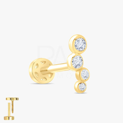 18k Diamond Cartilage Tragus Earrings, 14k Real Gold 4 Stone Diamond Tragus Piercing, Bezel Setting Screw Back Diamond Tragus Piercing.