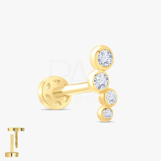 18k Diamond Cartilage Tragus Earrings, 14k Real Gold 4 Stone Diamond Tragus Piercing, Bezel Setting Screw Back Diamond Tragus Piercing.
