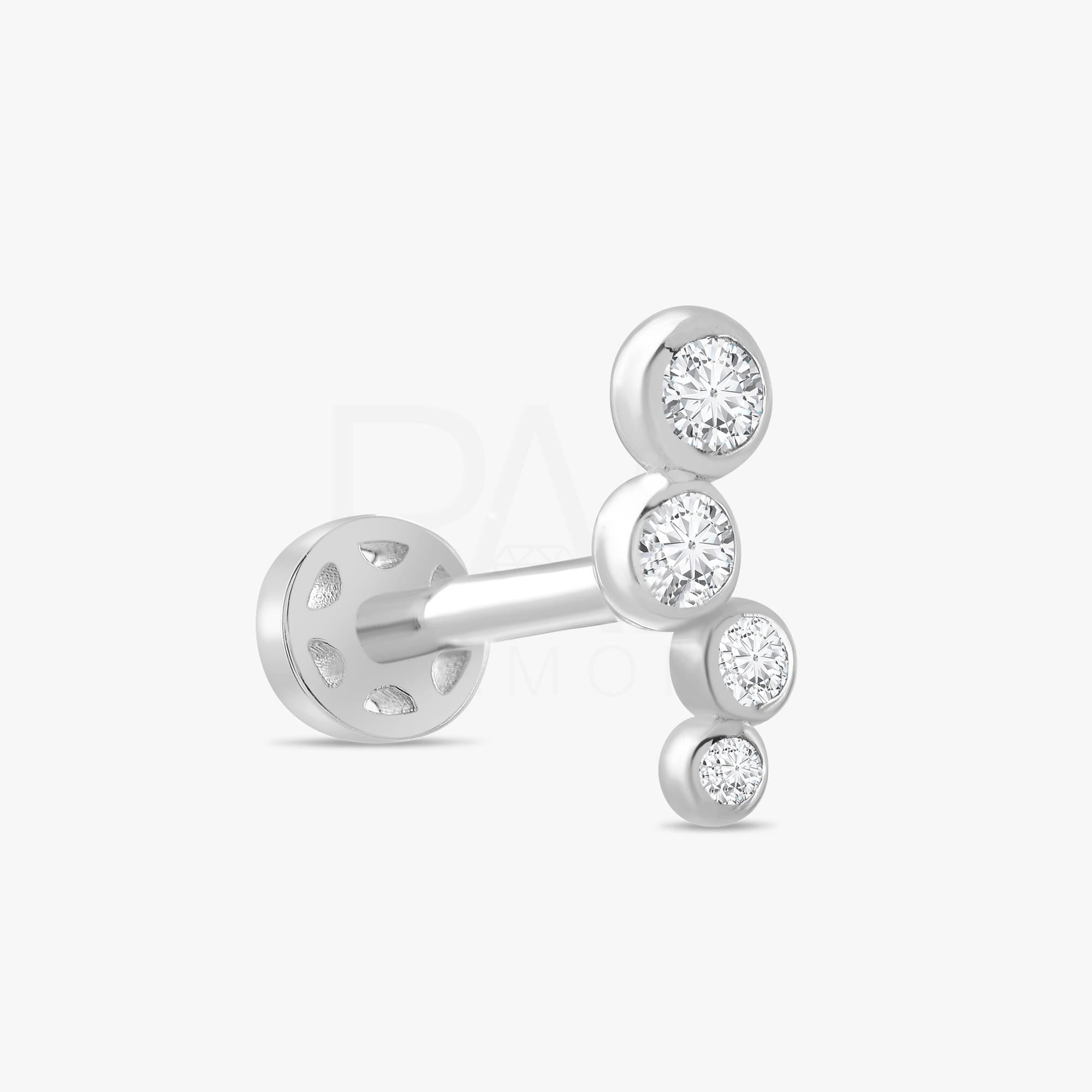 18k Diamond Cartilage Tragus Earrings, 14k Real Gold 4 Stone Diamond Tragus Piercing, Bezel Setting Screw Back Diamond Tragus Piercing.
