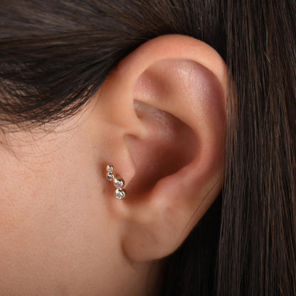 18k Diamond Cartilage Tragus Earrings, 14k Real Gold 4 Stone Diamond Tragus Piercing, Bezel Setting Screw Back Diamond Tragus Piercing.