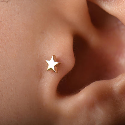 18k Solid Gold Star Tragus Earrings, 14k Real Gold Celestial Tragus Piercing, Dainty Gold Star Cartilage Screw Back Tragus Piercing Jewelry