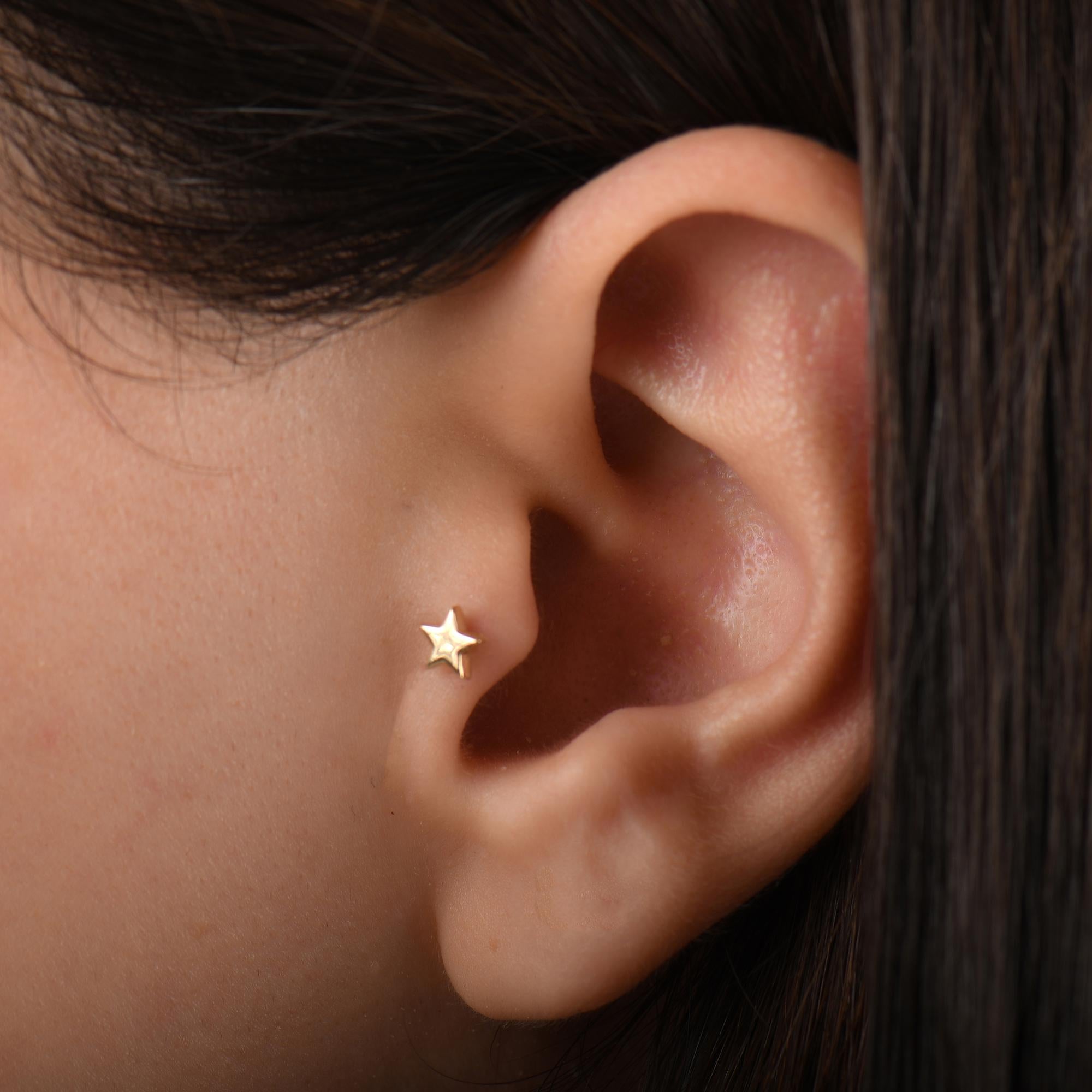 18k Solid Gold Star Tragus Earrings, 14k Real Gold Celestial Tragus Piercing, Dainty Gold Star Cartilage Screw Back Tragus Piercing Jewelry