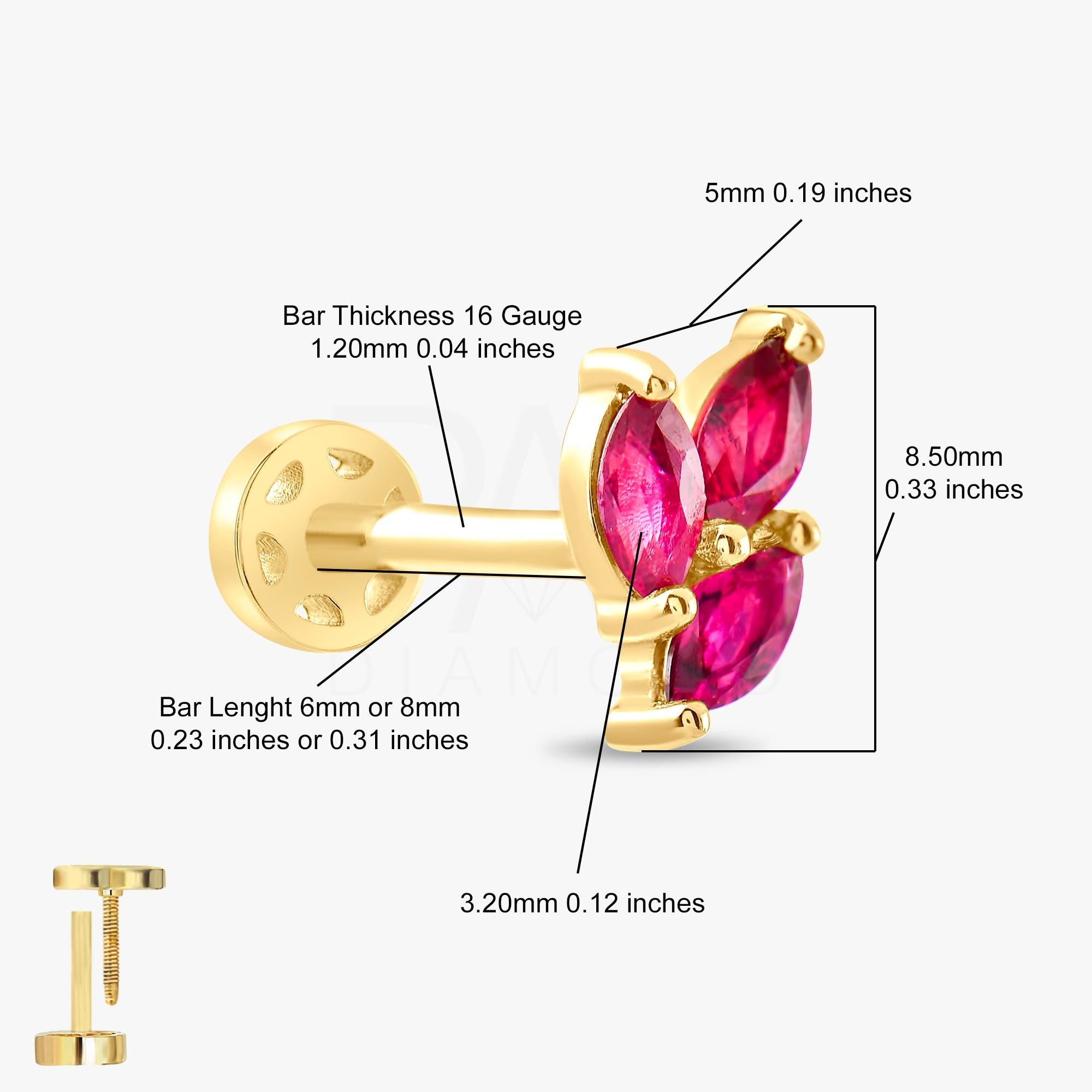 18k Solid Gold Marquise Ruby Tragus Earrings, 14k Ruby Stone Tragus Piercing, Color Stone Gold Tragus Earrings, Cartilage Stud Earrings