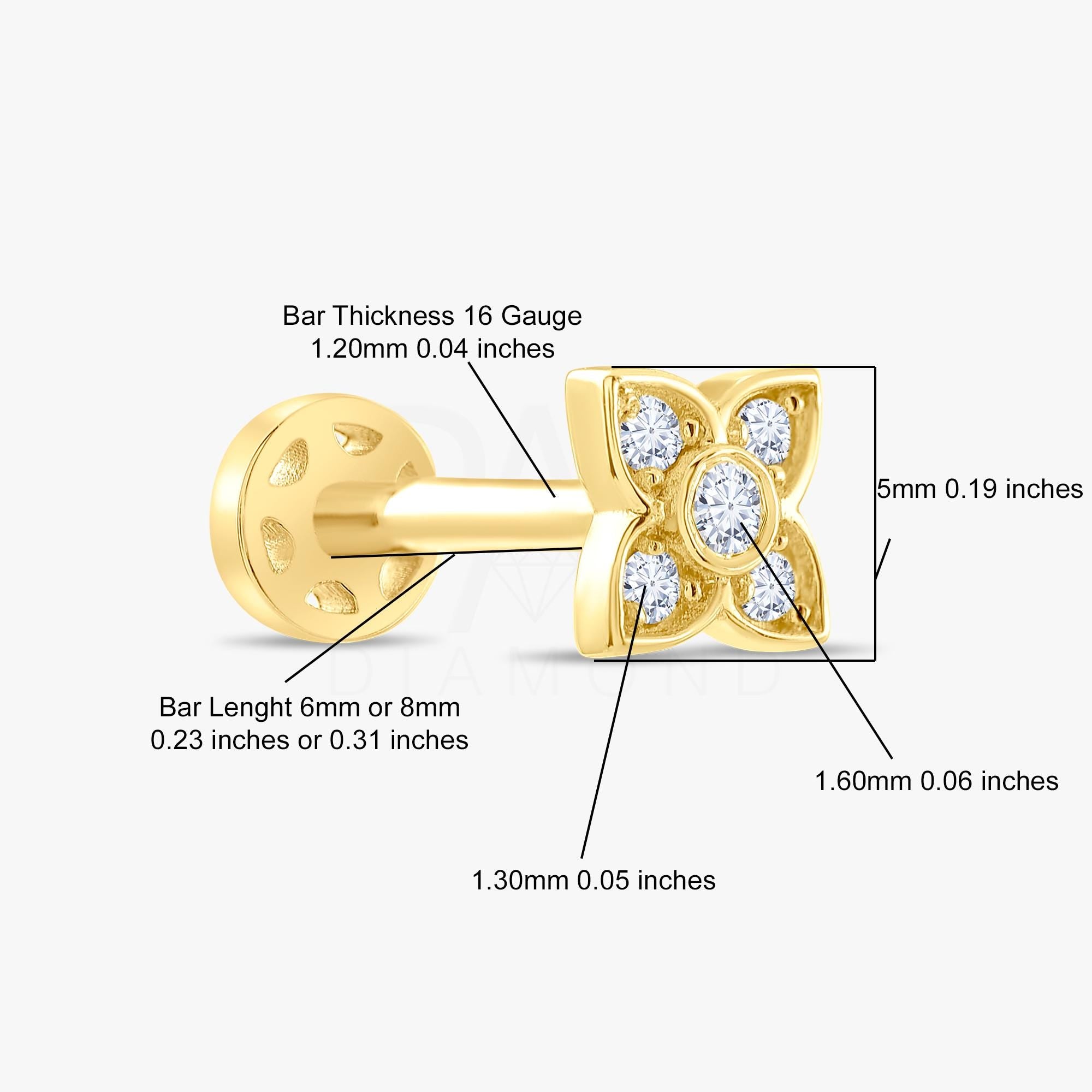 18k Gold Clover Diamond Tragus Piercing, 14k Gold Cartilage Diamond Tragus Earrings, Screw Back Tragus Earrings Jewelry, Clover Earrings