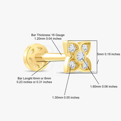 18k Gold Clover Diamond Tragus Piercing, 14k Gold Cartilage Diamond Tragus Earrings, Screw Back Tragus Earrings Jewelry, Clover Earrings