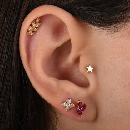 18k Gold Clover Diamond Tragus Piercing, 14k Gold Cartilage Diamond Tragus Earrings, Screw Back Tragus Earrings Jewelry, Clover Earrings