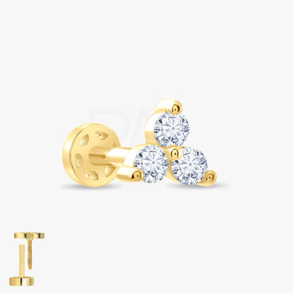 18k Solid Gold 3 Stone Natural Diamond Cartilage Tragus Earrings, 14k Trio Diamond Tragus Piercing, Screw Back Tragus Cartilage Earring