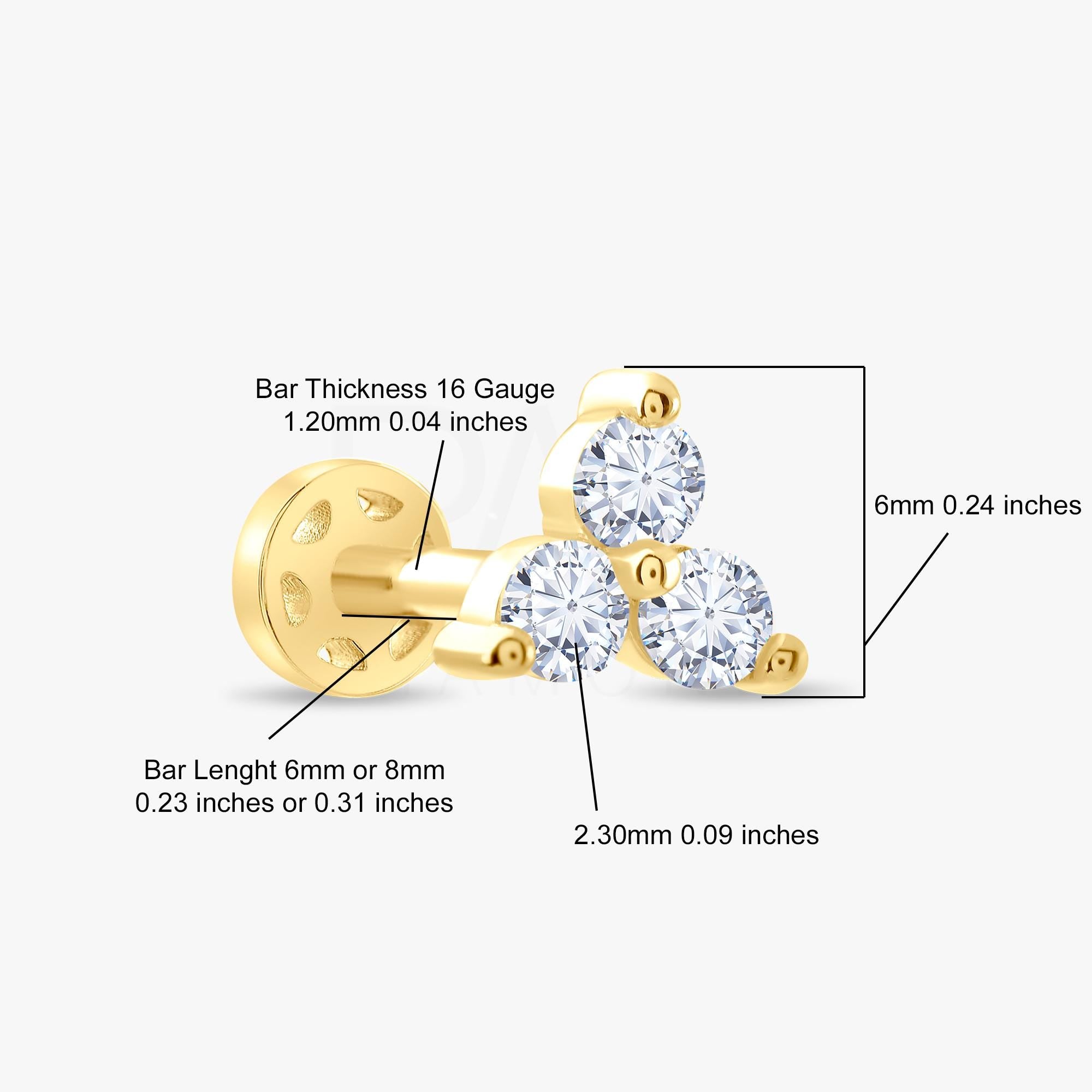 18k Solid Gold 3 Stone Natural Diamond Cartilage Tragus Earrings, 14k Trio Diamond Tragus Piercing, Screw Back Tragus Cartilage Earring