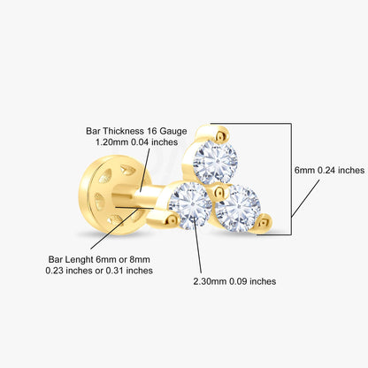 18k Solid Gold 3 Stone Natural Diamond Cartilage Tragus Earrings, 14k Trio Diamond Tragus Piercing, Screw Back Tragus Cartilage Earring