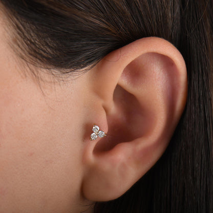 18k Solid Gold 3 Stone Natural Diamond Cartilage Tragus Earrings, 14k Trio Diamond Tragus Piercing, Screw Back Tragus Cartilage Earring