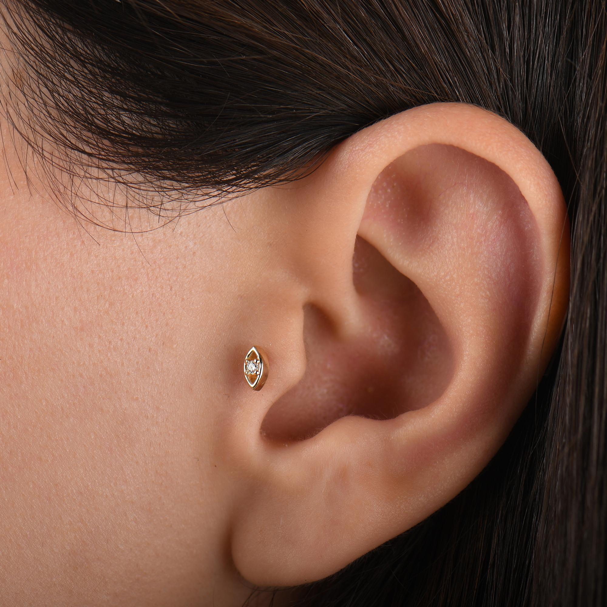 18k Solid Gold Evil Eye Diamond Tragus Cartilage Earring, 14k Minimal Evil Eye Tragus Piercing, Dainty Solitaire Gold Tragus Earrings