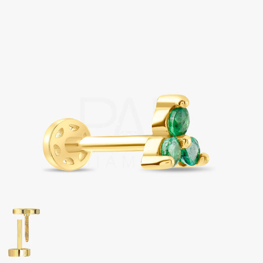 18K Gold Three Stones Natural Emerald Tragus Piercing, 14k Sapphire Cluster Tragus Earrings, Ruby Color Stone Cartilage Tragus Piercing